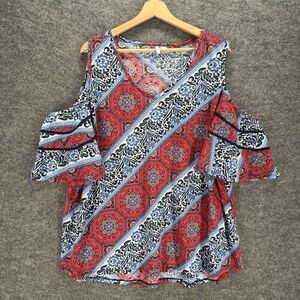 Cato Blouse Women 26/28W Plus Blue Striped Cold Shoulder Short Sleeve V-Neck